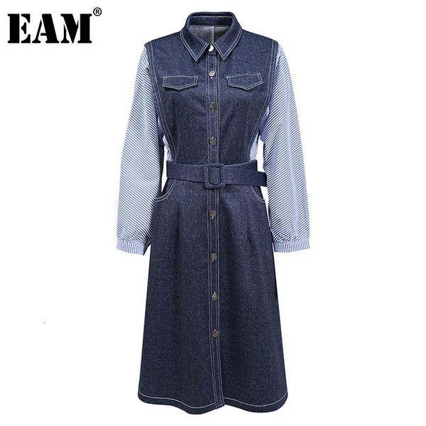 

eam] women blue denim striped stitch long shirt dress new lapel long sleeve loose fit fashion tide spring autumn 2021 1dd0723, Black;gray