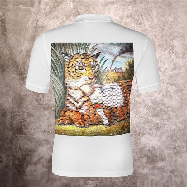 Summer Menswear Designer German Rock Punk Jungle Tiger Hot Polo stampata con strass T-shirt da uomo Hip Hop in puro cotone sottile di alta qualità # PP0009