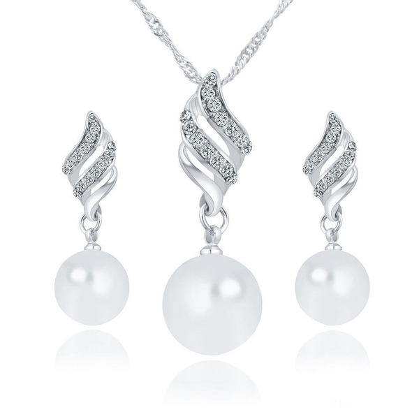 

luxury bridal jewelry set simulated pearl necklace rhinestones chaeming earrings set spiral jewelery set for lady girl chokers, Silver