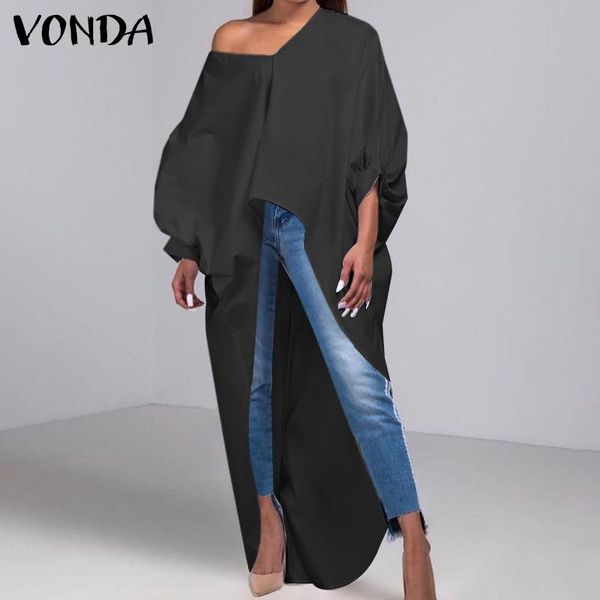 

women's blouses & shirts women irregular blouse casual solid v neck long vonda pleated asymmetric hem puff sleeve plus size party blus, White
