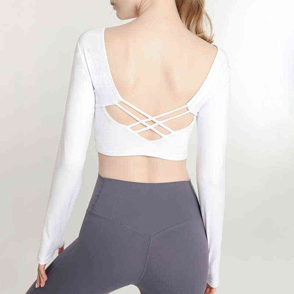 

autumn and winter style bra back long sleeve yoga women's short tight fitns t-shirt women, White