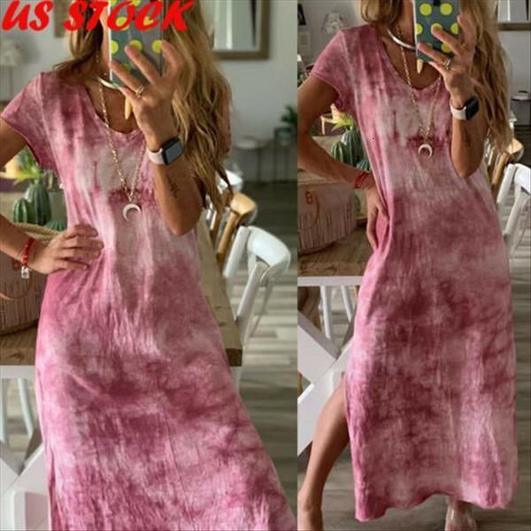 

2021 women vintage halo dyeing long maxi dress short sleeve v neck cotton casual loose split maxi dress, Black;gray