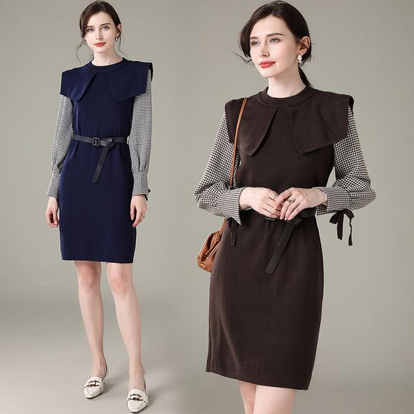 

casual dresses elegant women patchwork knitted dress female autumn winter slim long sleeve office lady vestidos with belt, Black;gray