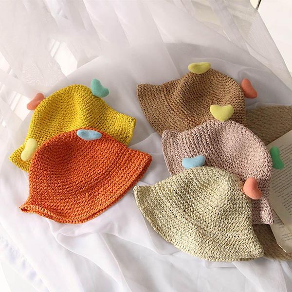 

menoea 2021 girls heart cartoon hats sunshine fashion kids baby summer straws hat children casual accessories baby girls caps, Yellow
