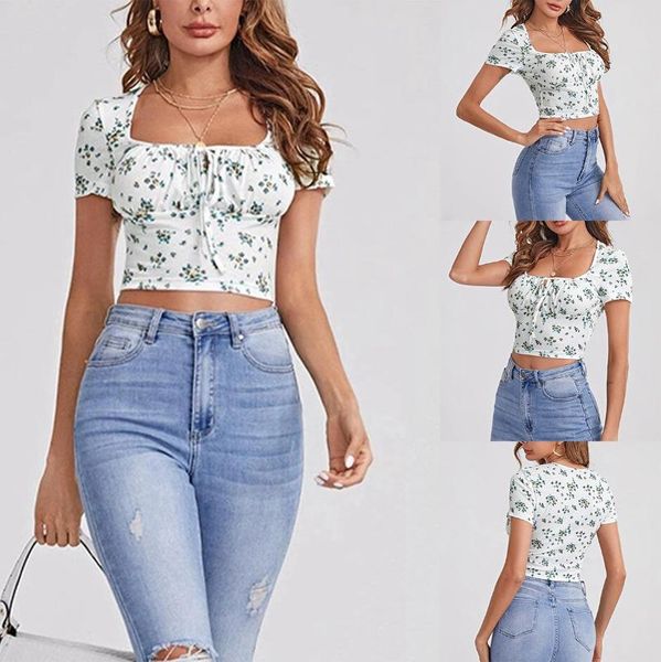 

women's t-shirt fashion small floral short sleeve drawstring tie tight white