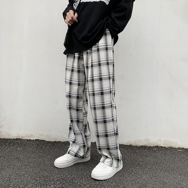 

spring summer plaid fashion retro women pants casual wide leg streetwear korean loose straight trousers, Black
