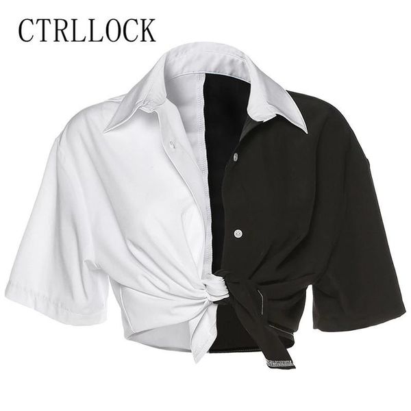 

women's t-shirt ctrllock grunge casual women short sleeve black white patchwork single breasted shirt 2021