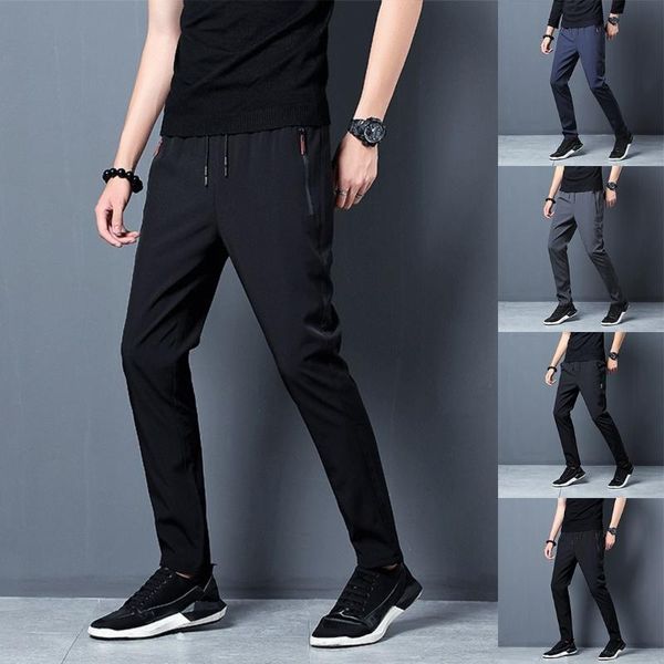 

men's pants 2021 summer casual men trousers male pant slim fit work elastic waist light thin cool, Black