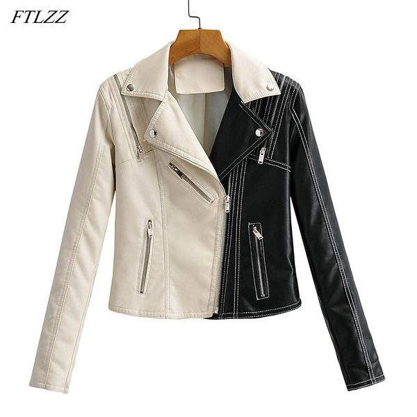 

women's leather & faux ftlzz spring autumn women short jacket black white splicing moto bike pu coat slim zipper design locomotive outw