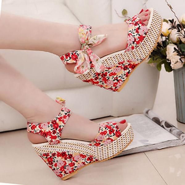 

lihuamaof loral bowknot design platform wedge sandals high heel lace up gladiator sandals beach peep toe, Black