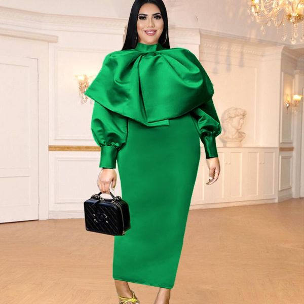 

plus size dresses christmas dress green fashion big bow lantern sleeve high neck maxi sheath bodycon female elegant, Black