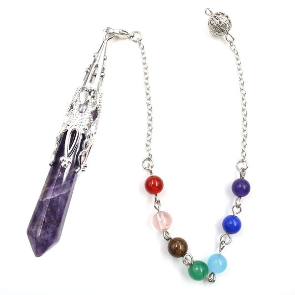 

wojiaer 2021 new 7 chakra pendulums hexagonal prism pendant natural stone amethysts pendulo for men and women do9333, Silver