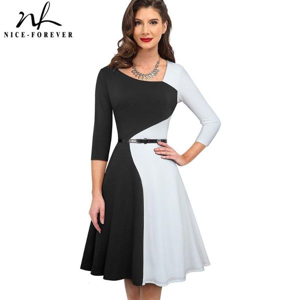 

casual dresses nice-forever 1950s retro contrast color patchwork winter vestidos business party flare a-line women swing elegant dress a178, Black;gray