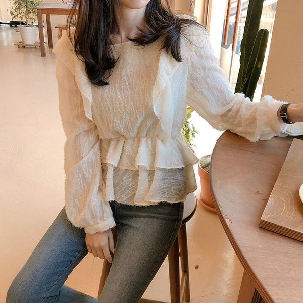 

men's polos spring french romantic bell sleeve tree -like lacework tassel plush long shirt women's chiffon western style, White;black