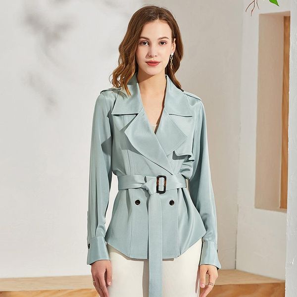 

women's trench coats 30 momme heavy silk windbreaker spring/summer lapel neck european and american commuter jacket short blazer, Tan;black