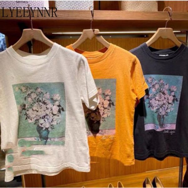 

women's t-shirt lyeeynnr women tshirt art oil painting print o-neck short sleeve ladies casual harajuku tee funny ulzzang tees, White