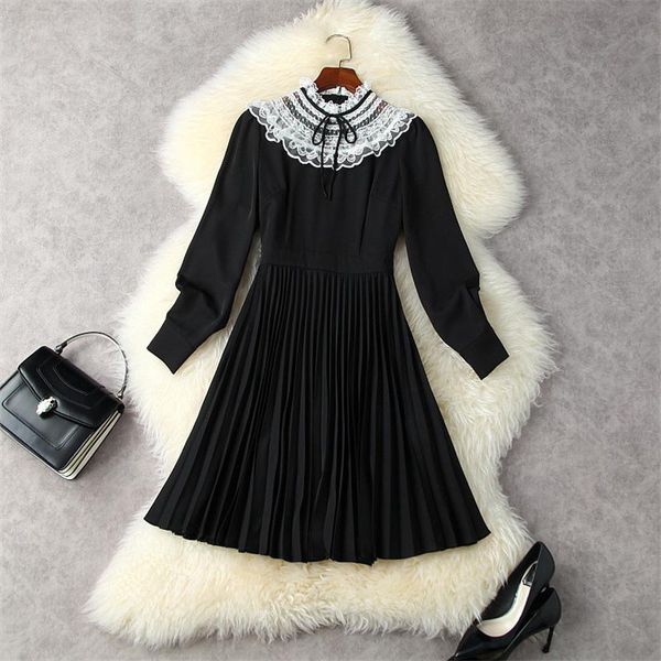 

casual dresses 2021 fashion designer runway lace patchwork autumn for women long sleeve dress high waist pleated black vestidos, Black;gray