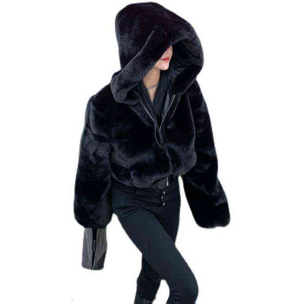 

kara ~ autumn and winter short hooded et women's ffy comfortable zipper sweater fashion, Black;brown