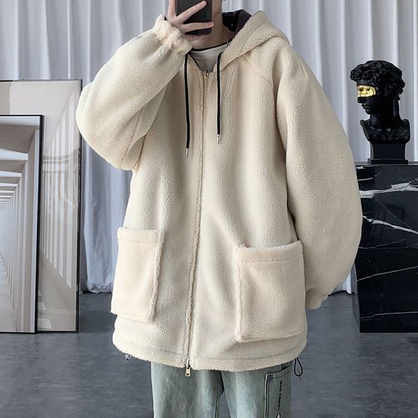 

2021 New Winwinter Thick Lamb Fur Jacket Men's Warm Fashion Double-sided Wear Hooded Men Loose Casual Short Coat Mens Clothes M-5xl Gy3k, Black