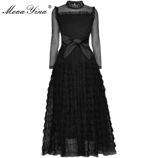 

casual dresses moaayina fashion designer dress spring women's stand collar mesh long sleeve lace-up ball gown elegant black, Black;gray