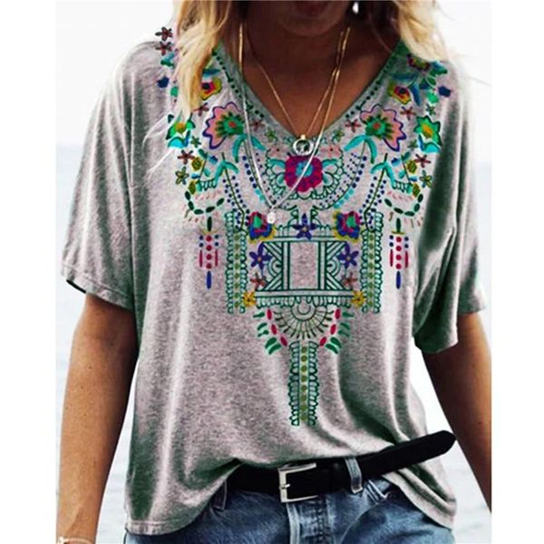 

women's t-shirt summer women print ethnic style v-neck short sleeve shirts comfortable breathable streetwear, White