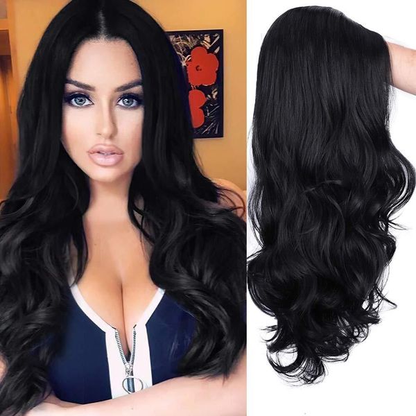 

wig lady front lace chemical fiber long curly hair big wave s headgear, Black