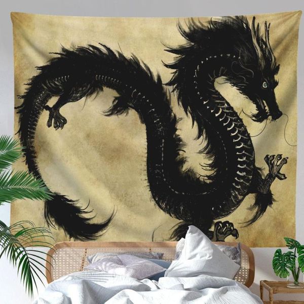 Arazzi Black Dragon Art Tapestry Wall Hanging Anime Painting Pattern Mandala Fabric Tappeto gotico per la decorazione della casa