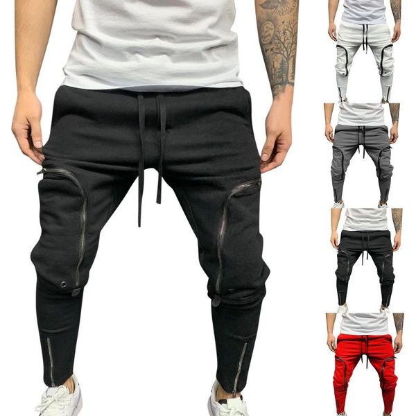 

men's pants mid-waist drawstring sweatpants casual zipper pocket trousers men fashion hip hop slim fit harem joggers, Black
