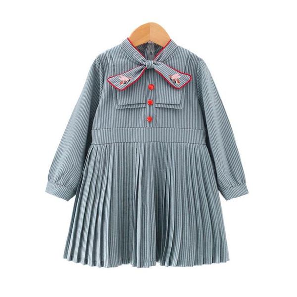 

girl's dresses dfxd autumn england style toddler girls striped long sleeve embroidery bowknot collar party dress kids pleated princess, Red;yellow