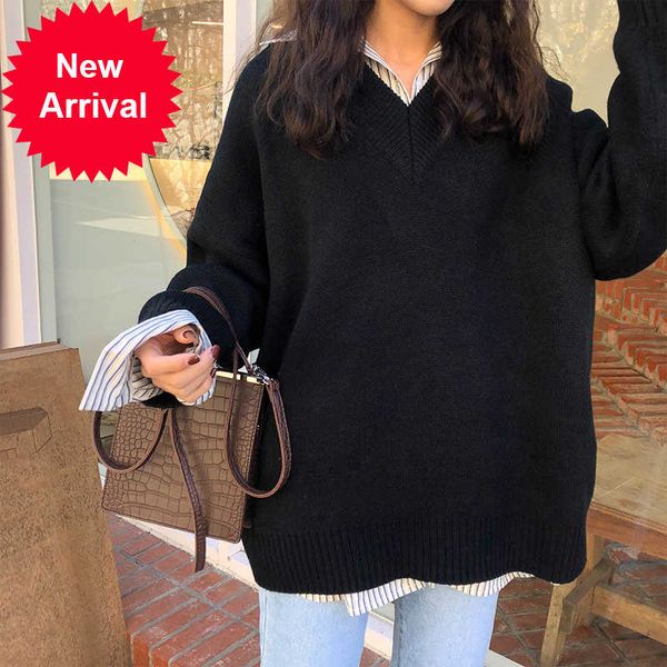 

5 colors korean style loose v neck solid color knitted warm womens sweaters and pullovers (x164, White;black