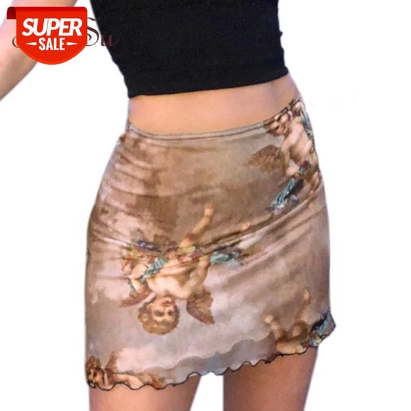 

artsu angel print skirts womens high waist bodycon mini tulle skirt kawaii boho mesh pencil skirt saia harajuku assk20218 #um9i, Black