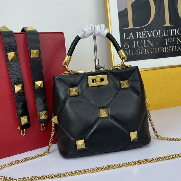 

medium sheepskin leather chain handbag shoulder bags crossbody bag rivet decorative detachable sliding sheep strap flat mouth size21*17*14cm