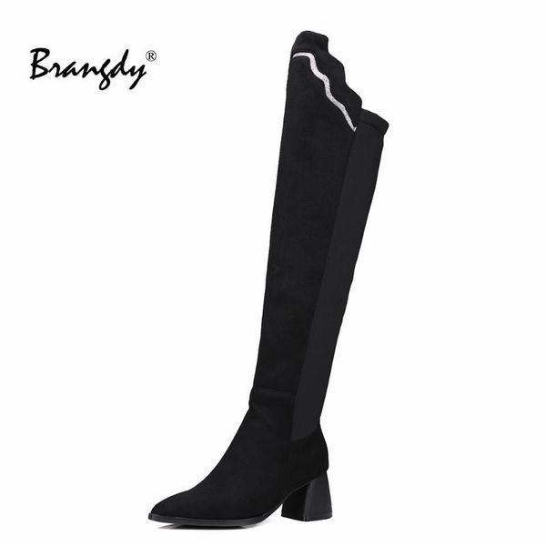 

boots brangdy winter women over the knee faux suede pointed toe square heel shoes zip mixed colors, Black