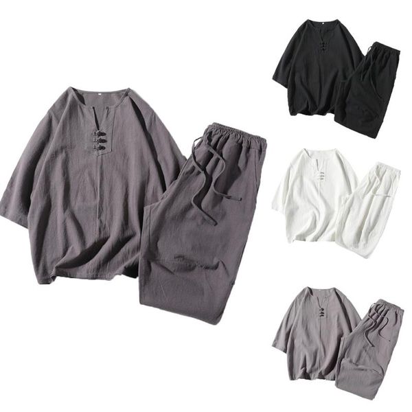 

men's tracksuits sets t shirts+pants summer fashion cotton and linen short sleeve shorts set suit tracksuit fitness trousers menz0404, Gray