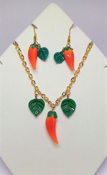 

earrings & necklace fruit glass jewelry set handmade lampwork beads evil eye murano leafy, Silver