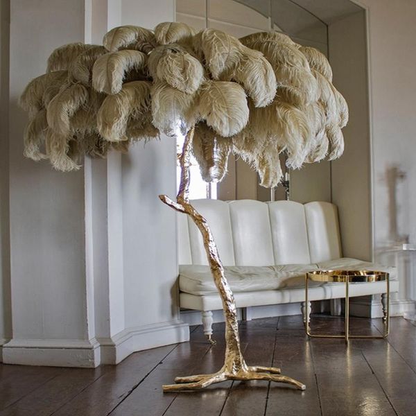 

nordic ostrich feather resin floor lamp tripot gold copper brass standing lamps for living room home decor tree form stand light