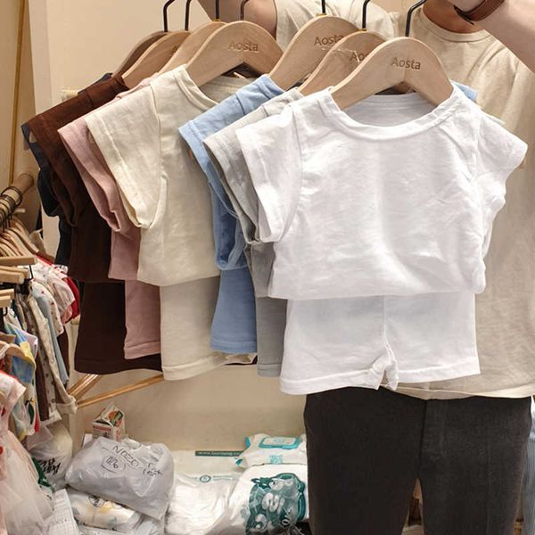 

summer cotton clothing set solid girls tee boys short sleeve t shirt and shorts 2pcs infant baby girl clothes sets, White
