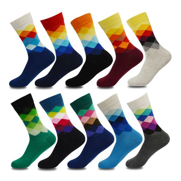 

plus size 10 pairs/lot casual colorful happy socks men funny cotton socks warm british style plaid calcetines divertidos 190401, Black