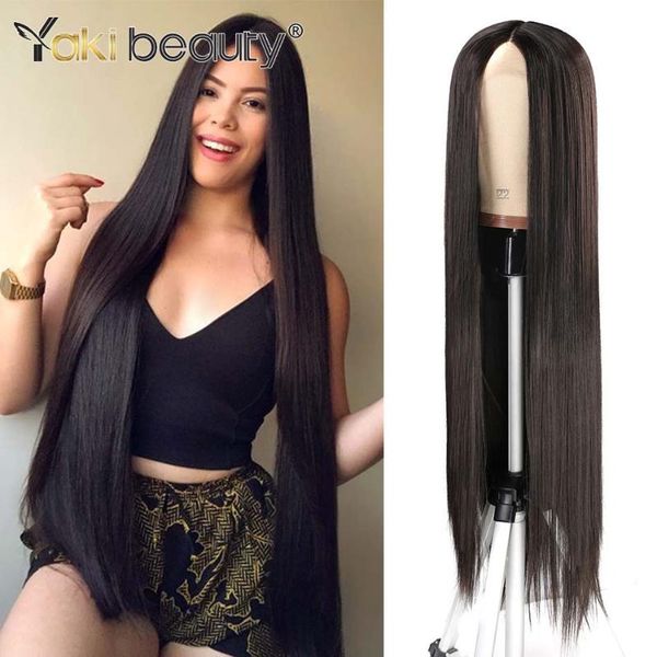

synthetic wigs 36inches straight long wig middle part black t lace for women heat resistant hair by yaki