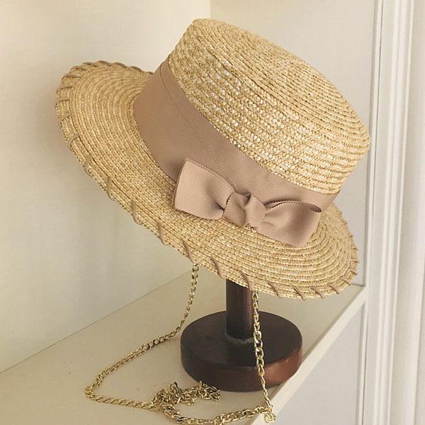 

2021 new fashion golden chain wide brim straw for women flat boater bowknot band lady summer beach derby party hat ee82, Blue;gray