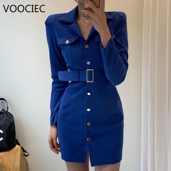 

casual dresses voociec women office ol dress with belt spring fashion slim fit single breasted solid pockets ladies, Black;gray