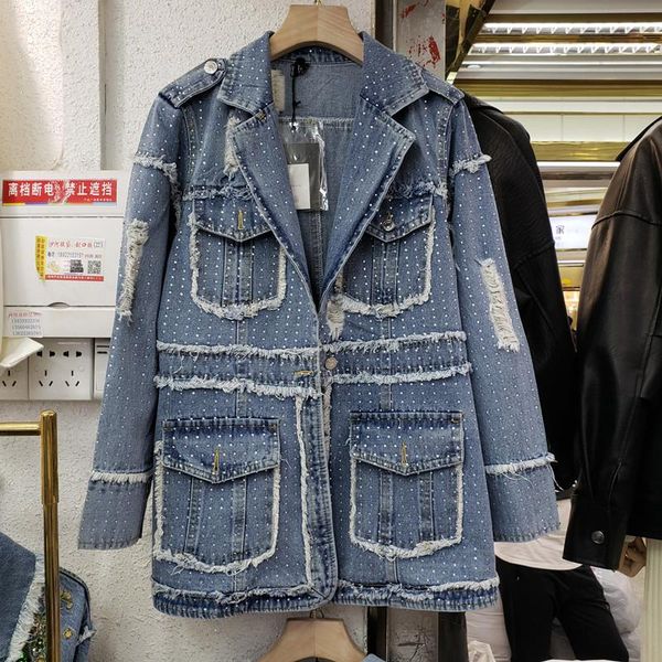 

drilling women jeans coat female retro long sleeved muti pocket fashion streetwear beaded denim jacket, Black;brown