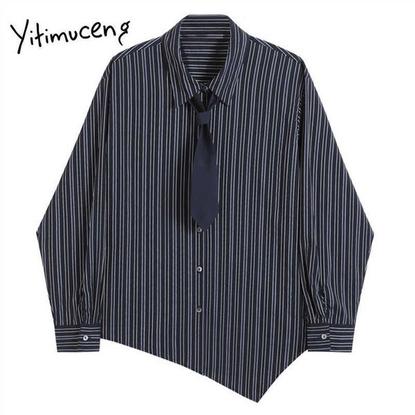

yitimuceng women blouses vintage long sleeve striped office lady loose solid shirts fashion casual tie navy blue clothing spring 210601, White