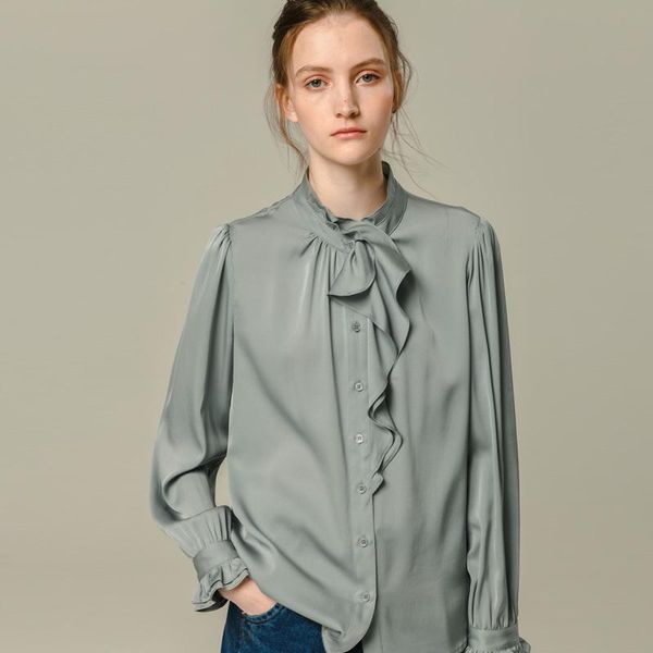 

women's blouses & shirts 2021 spring fashion silk long sleeve elegant stand collar shirt dress, White