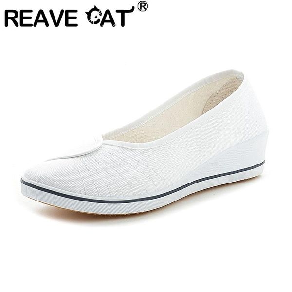 

reave cat new 2021 ladies pumps round toe 4cm wedges shallow canvas soft simple loafers comfortable footwear working a3413, Black