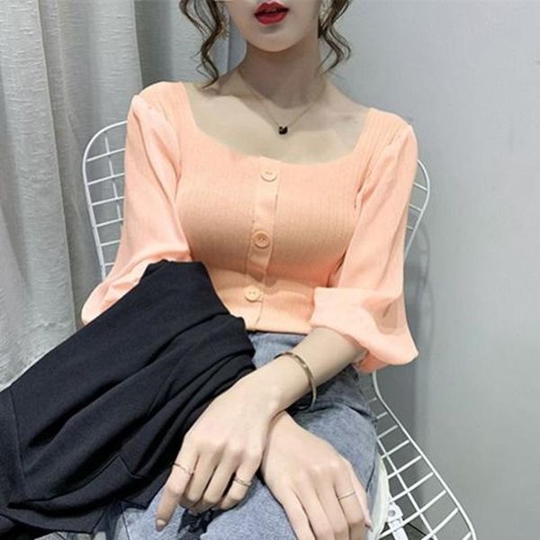 

women spring summer style chiffon blouses shirts lady casual square collar half lantern sleeve blusas zz0154, White