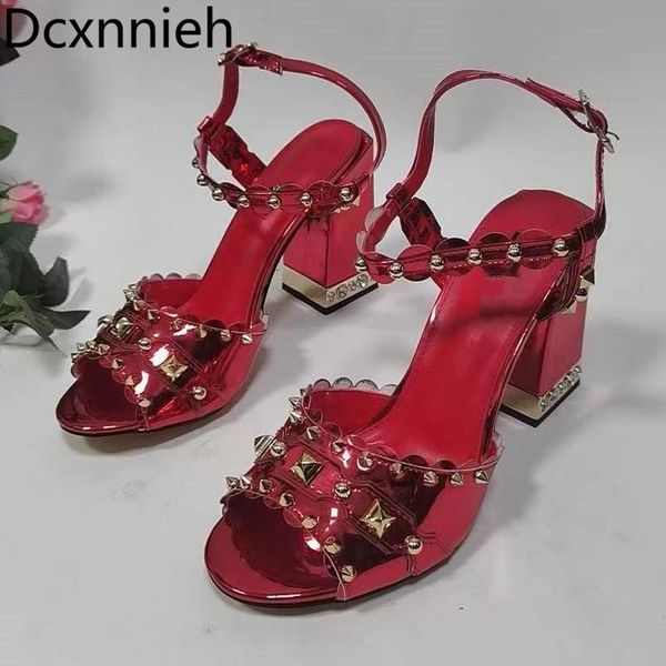 

sandals summer womens red square heel rivet open toe all-match thick high-heel buckle shoes woman 2021, Black