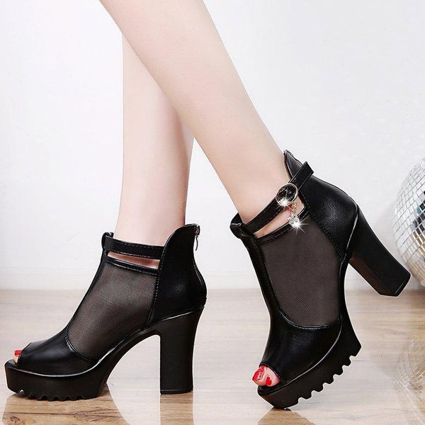 

sandals high heel chunky heels summer fashion non-slip thick sole fish mouth zipper mesh for women, Black