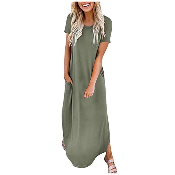 

casual dresses woman long short sleeve pocket maxi loose dress o neck beach sundress for women robe femme, Black;gray