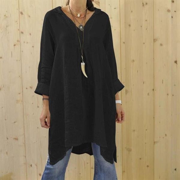 

women long casual loose v-neck sleeved shirts irregular hem long blouse, White
